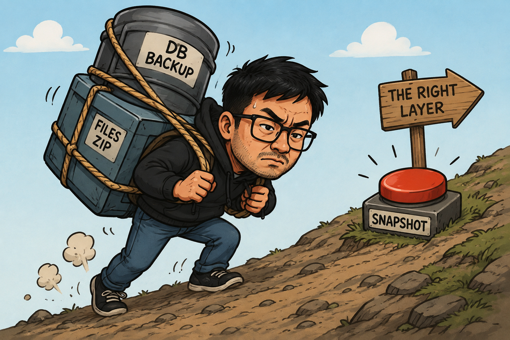Karl carrying a WordPress database backup and file archive uphill towards a storage snapshot
