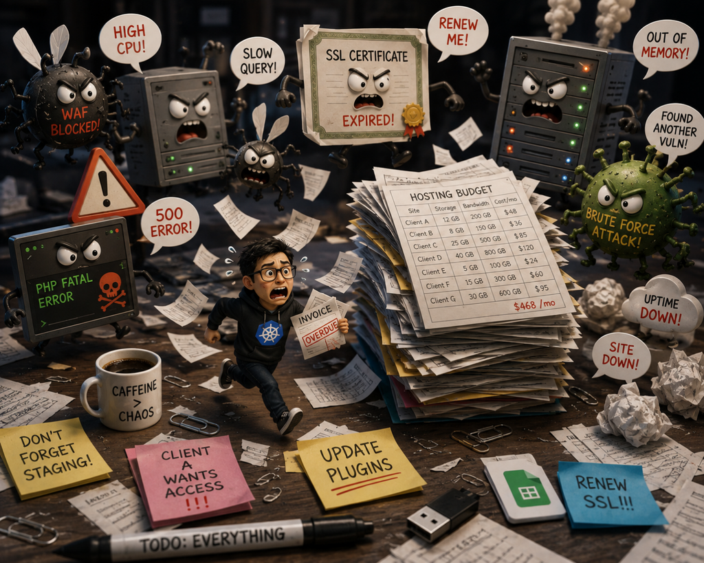 Cartoon of a WordPress agency developer juggling hosting costs, updates, SSL certificates, security and server management
